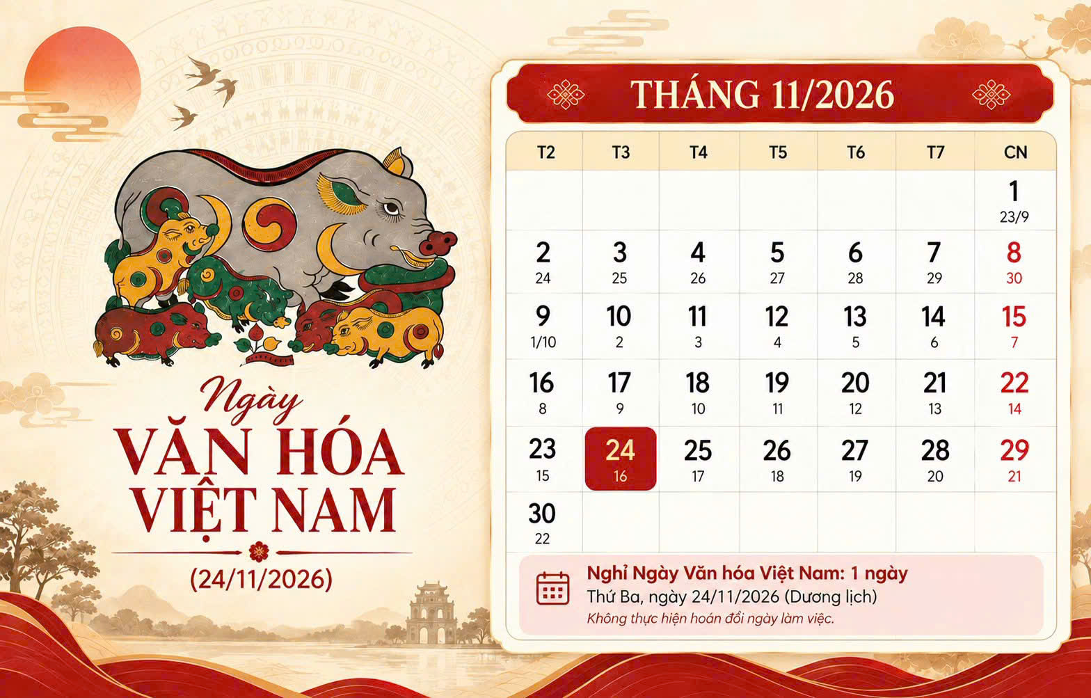 Đề xuất nghỉ Ngày Văn hóa Việt Nam 24/11, không hoán đổi ngày làm việc